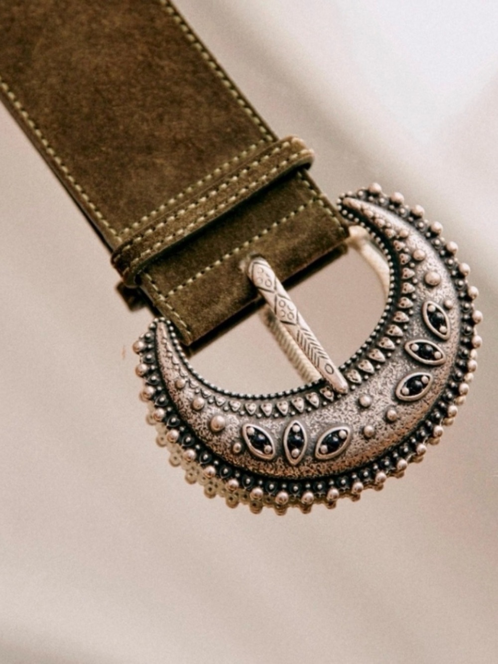 Sezane Olive Suede Belt with Decorative Silver Crescent Buckle